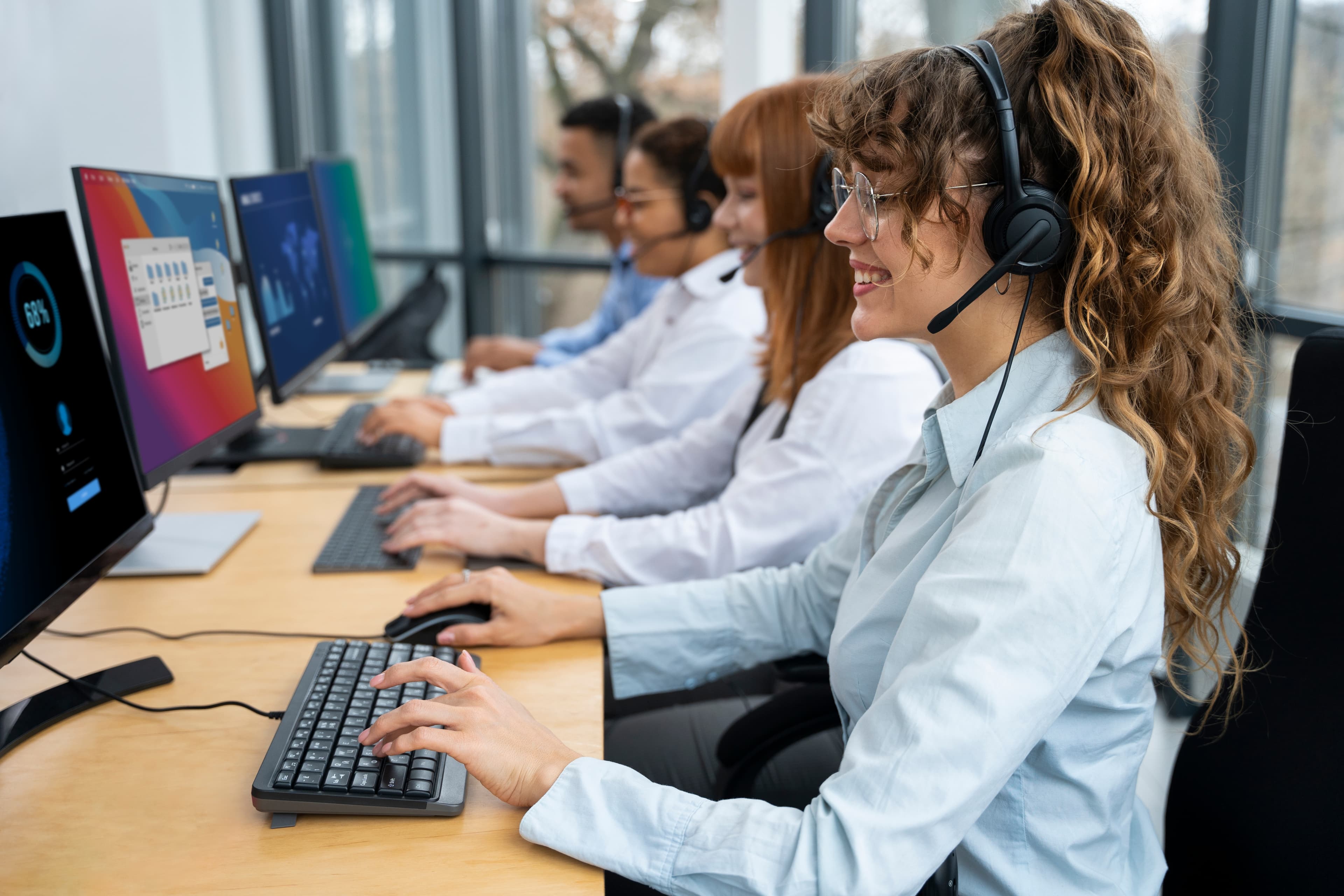 Telecom operators working at a call center